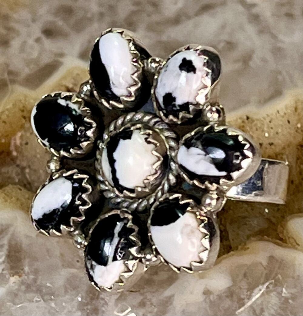 White Buffalo Turquoise Sterling Silver Cluster Ring Adjust Sz Southwestern 925